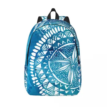 Мужской женский рюкзак, школьный рюкзак большой емкости для студентов, синяя акварельная кисть с белым круглым племенным принтом, школьная сумка
