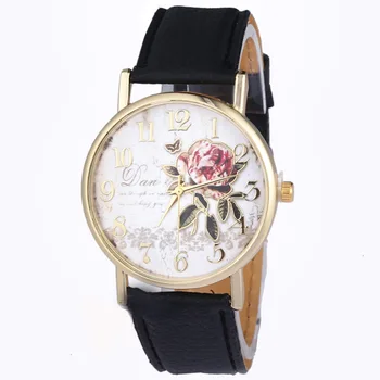 Женские часы Простые винтажные часы с маленьким циферблатом, Цветок Розы, круглый циферблат, ремешок из искусственной кожи, кварцевые наручные часы Relógio