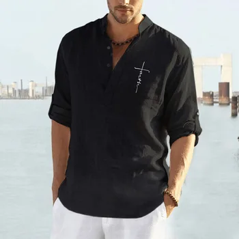 Мужские рубашки и блузки из свободного хлопчатобумажного полотна с буквенным принтом, длинным рукавом и пуговицами до половины горловины