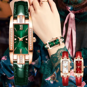 Модные женские кварцевые часы с квадратным бриллиантом, роскошные винтажные женские ручные часы, кожаные Зеленые женские наручные часы для отдыха
