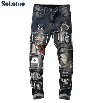 Мужской значок Sokotoo в стиле пэчворк, рваные джинсы-стрейч с вышивкой, модные нашивки с дырками, узкие прямые джинсовые брюки