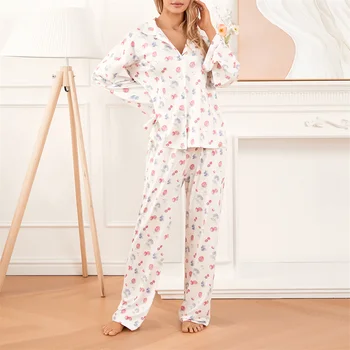 Женская пижама, одежда для отдыха, 2 предмета, милая рубашка с длинными рукавами и отворотом, топы и брюки с эластичной резинкой на талии, Пижамный комплект