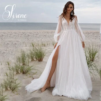 Свадебные платья Sirene Beach Boho из тюля с V-образным вырезом, длинные пышные рукава, аппликации с высоким разрезом по бокам, свадебное платье для женщин 2024, сшитое на заказ