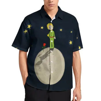 Маленький принц, свободная рубашка, мужские повседневные рубашки с принтом звезд и Луны, Гавайский дизайн, Винтажные блузки оверсайз с коротким рукавом